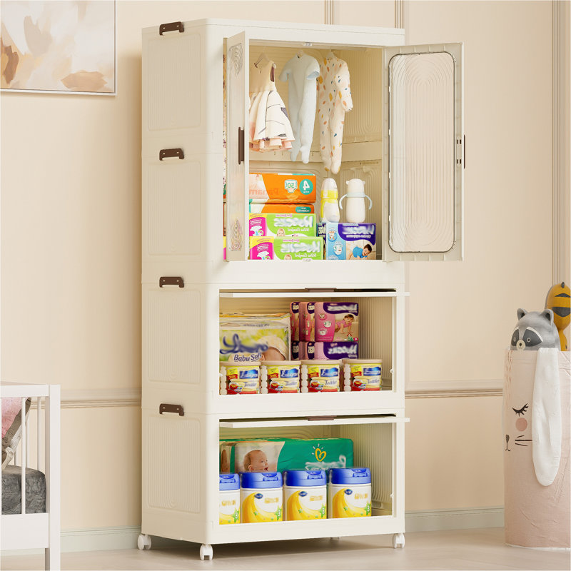 Rebrilliant Portable Wardrobe Closet Storage Organizer For Clothes Clothes Dresser Magnetic Doors With 4 Cubes Hanging Rod 10 Pcs Hangers Baby Wardrobe Storage Cabinet White Wayfair Canada
